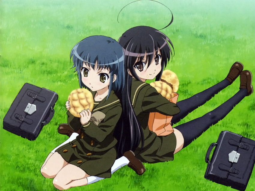 back_to_back black_hair blue_hair bread brown_eyes food grass green_eyes highres kneehighs kneeling konoe_fumina long_hair melon_bread meronpan school_uniform shakugan_no_shana shana short_hair sitting socks thigh-highs thighhighs