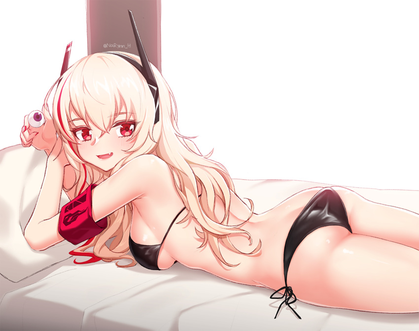 1girl :d armband ass back bangs bare_shoulders bikini blonde_hair blush breasts eyeball fang girls_frontline hairband highres holding large_breasts long_hair looking_at_viewer lying m4_sopmod_ii_(girls_frontline) multicolored_hair narynn on_stomach open_mouth red_eyes redhead side-tie_bikini smile solo streaked_hair swimsuit thighs twitter_username