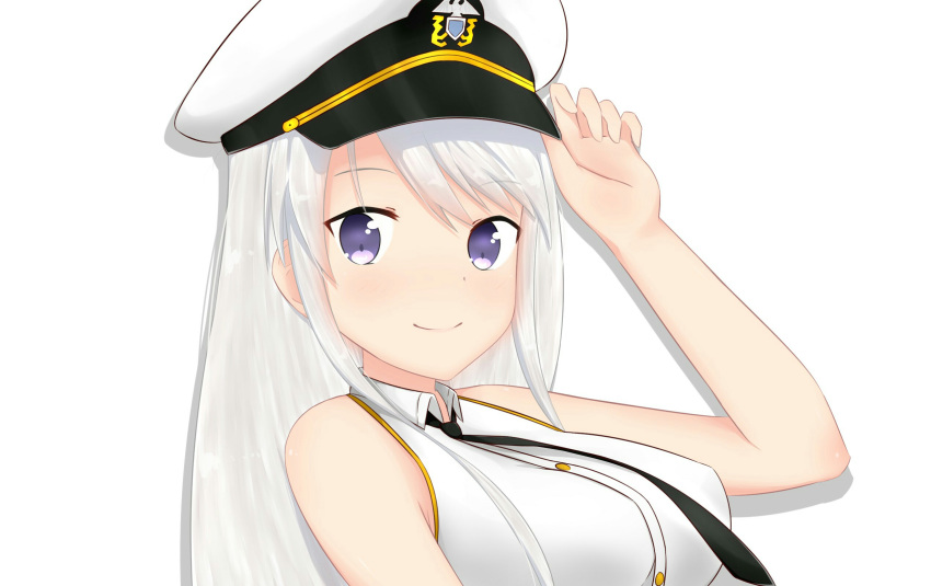 1girl arm_up azur_lane bangs bare_arms bare_shoulders black_neckwear blush breasts closed_mouth collared_shirt commentary_request dress_shirt enterprise_(azur_lane) eyebrows_visible_through_hair hair_between_eyes hand_on_headwear hat highres large_breasts long_hair looking_at_viewer military_hat necktie peaked_cap romaji_commentary shirt silver_hair simple_background sleeveless sleeveless_shirt smile solo upper_body violet_eyes white_background white_headwear white_shirt yuujoduelist