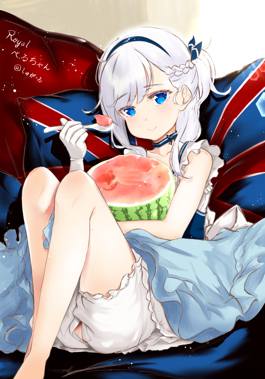 1girl absurdres azur_lane bangs belchan_(azur_lane) belfast_(azur_lane) bloomers blue_eyes blue_skirt braid character_name chewing dress eating eyebrows_visible_through_hair food french_braid fruit hair_ribbon hairband highres holding holding_spoon ke-ta_(style) knees_up looking_at_viewer maid neck_ribbon pillow ribbon shugaru silver_hair sitting skirt sleeveless sleeveless_dress solo spoon underwear union_jack watermelon