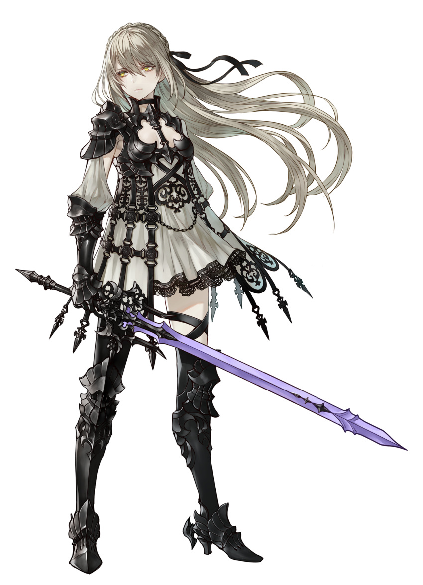 1girl armor armored_dress armpit_cutout bangs boots braid breasts choker commentary_request crown_braid dress expressionless floating_hair full_body gauntlets greaves high_heel_boots high_heels highres holding holding_sword holding_weapon lace lace-trimmed_dress light_brown_hair long_hair long_sword looking_away original senano-yu sidelocks small_breasts solo standing sword tsurime weapon white_background white_dress yellow_eyes