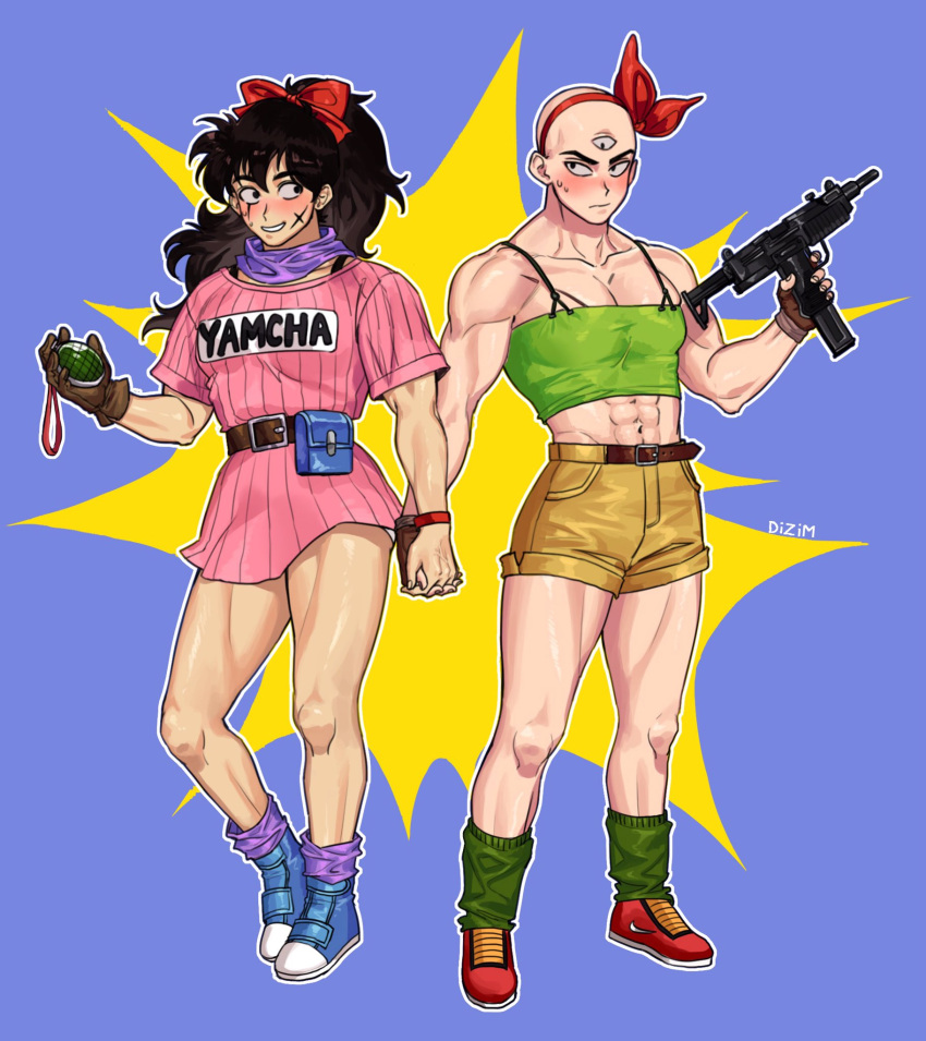 /\/\/\ 2boys abs artist_name bald belt black_eyes black_hair blue_background blush boots bracelet brown_gloves bulma bulma_(cosplay) character_name clothes_writing commentary cosplay dragon_ball dragon_ball_(classic) dress embarrassed facial_scar fanny_pack finger_on_trigger fingernails frown full_body gloves green_legwear gun hair_ribbon hairband hand_holding highres holding holding_gun holding_weapon jewelry long_hair looking_at_another looking_away lunch_(dragon_ball) lunch_(dragon_ball)_(cosplay) male_focus multiple_boys muscle nervous_smile pink_dress ponytail purple_legwear purple_scarf radar red_footwear red_hairband red_ribbon ribbon scar scar_on_cheek scarf shirt shoes short_dress shorts simple_background single_glove sneakers socks spread_legs standing standing_on_one_leg sweatdrop symbol_commentary tank_top tenshinhan thighs third_eye tight tight_shirt veins weapon yamcha yuyurourou02