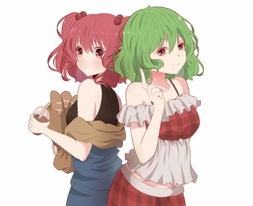 2girls :t adapted_costume back-to-back bag baguette bangs bare_shoulders black_shirt blue_dress blush bra_strap bread breasts commentary cowboy_shot cup disposable_cup dress drinking_straw eyebrows_visible_through_hair food frills green_eyes green_hair grocery_bag hair_between_eyes hair_bobbles hair_ornament hand_up highres holding holding_cup index_finger_raised kazami_yuuka looking_at_viewer looking_back medium_breasts midriff_peek multiple_girls off-shoulder_shirt off_shoulder onozuka_komachi plaid plaid_shirt plaid_shorts red_eyes red_shirt red_shorts redhead shirt shopping_bag short_dress short_hair shorts simple_background sleeveless sleeveless_shirt smile standing symbol_commentary touhou two_side_up white_background yukome
