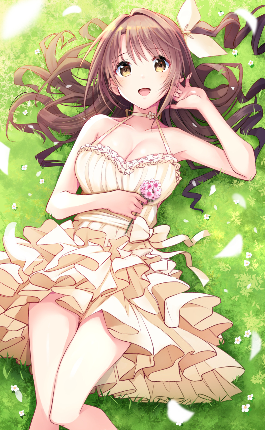 1girl absurdres bangs blush breasts brown_eyes brown_hair day dress eyebrows_visible_through_hair flower grass hair_ribbon halter_dress hand_up highres holding holding_flower idolmaster idolmaster_cinderella_girls knees_together_feet_apart long_hair looking_at_viewer lying medium_breasts on_back one_side_up open_mouth outdoors petals pink_flower ribbon shimamura_uzuki sidelocks smile solo u_rin yellow_dress yellow_ribbon