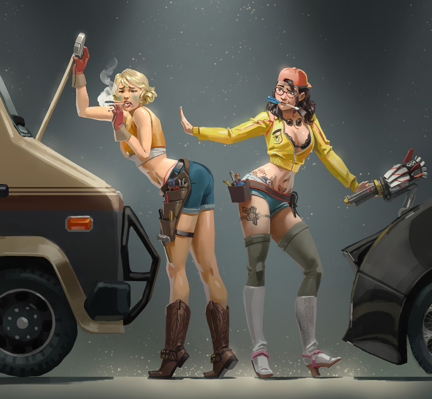 2girls absurdres black_bra black_hair blonde_hair boots bra brown_footwear car cidney_aurum cigarette cosplay costume_switch crop_top crossover denim denim_shorts devil_may_cry devil_may_cry_5 final_fantasy final_fantasy_xv freckles glasses goggles goggles_around_neck grey_background ground_vehicle hat high_heel_boots high_heels highres lace lace-trimmed_bra leaning_forward motor_vehicle multiple_girls nico_(devil_may_cry) short_shorts shorts sleeveless smile smoke smoking tattoo thigh-highs thong trait_connection underwear white_footwear zededge