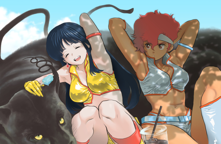 2girls 80s animal armpits blue_hair blue_sky breasts commentary_request cup dark_skin dirty_pair earrings food gloves headband jewelry kei_(dirty_pair) long_hair midriff multiple_girls navel oldschool popsicle redhead short_hair short_shorts shorts sky summer yas66 yuri_(dirty_pair)