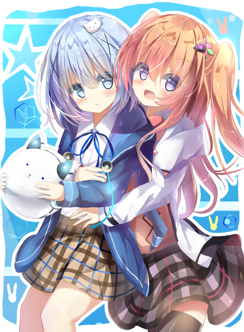 2girls :&lt; :d alternate_hair_length alternate_hairstyle animal_ears animal_hood bangs black_legwear blue_eyes blue_hair blue_jacket blue_ribbon blush brown_hair brown_skirt bunny_hood clockwork_rabbit closed_mouth collared_shirt commentary_request dress_shirt eyebrows_visible_through_hair fake_animal_ears gochuumon_wa_usagi_desu_ka? grey_skirt hair_between_eyes hair_ornament highres holding hood hood_down hooded_jacket hoto_cocoa jacket kafuu_chino long_hair long_sleeves multiple_girls na!?_(naxtuyasai) neck_ribbon open_clothes open_jacket open_mouth outline plaid plaid_skirt rabbit_ears ribbon robot shirt skirt smile star sweater_vest thigh-highs two_side_up very_long_hair violet_eyes white_jacket white_outline white_shirt x_hair_ornament yuri