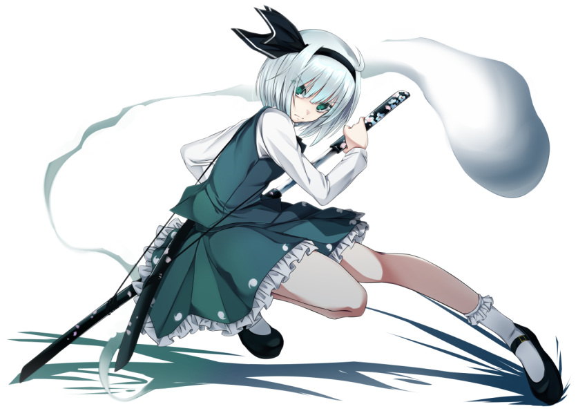 &gt;:( 1girl bangs black_footwear black_hairband black_neckwear black_ribbon bob_cut bobby_socks eyebrows_visible_through_hair floral_print full_body green_eyes green_skirt green_vest hair_between_eyes hair_ribbon hairband hitodama holding holding_sword holding_weapon katana konpaku_youmu konpaku_youmu_(ghost) long_sleeves mary_janes miniskirt paburisiyasu petticoat ribbon scabbard sheath shirt shoes short_hair silver_hair simple_background skirt skirt_set socks solo sword touhou unsheathing v-shaped_eyebrows vest weapon white_background white_legwear white_shirt