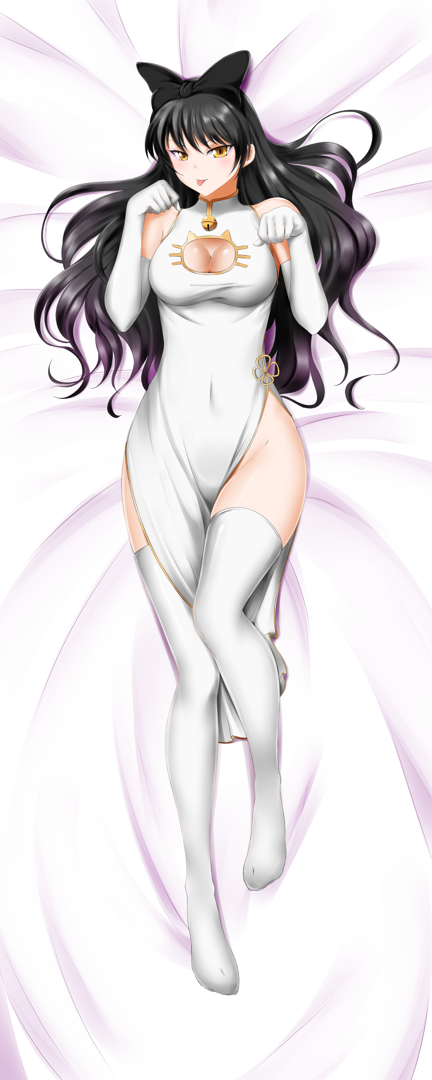 1girl absurdres alfred_cullado black_bow black_hair blake_belladonna bow breasts cat_cutout china_dress chinese_clothes cleavage cleavage_cutout covered_navel dakimakura dress elbow_gloves from_above full_body gloves hair_bow highres incredibly_absurdres long_hair looking_at_viewer lying medium_breasts multicolored_hair no_panties on_back on_bed paid_reward patreon_reward paw_pose purple_hair rwby shiny shiny_clothes side_slit sleeveless sleeveless_dress solo thigh-highs tongue tongue_out two-tone_hair white_dress white_gloves white_legwear yellow_eyes