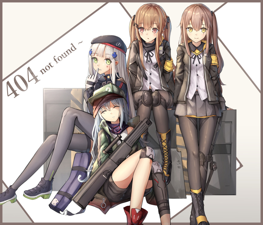 404 4girls absurdres assault_rifle bag bkyuuc black_footwear black_headwear black_legwear black_neckwear black_ribbon black_shorts blush boots brown_eyes brown_hair brown_jacket closed_eyes commentary cross eyebrows_visible_through_hair full_body g11_(girls_frontline) girls_frontline green_eyes green_headwear gun h&amp;k_g11 hair_between_eyes hair_ornament hat highres http_status_code jacket multiple_girls one_side_up panties ribbon rifle shirt shoes shorts side_ponytail sitting sleeping smile standing thigh-highs twintails ump45_(girls_frontline) ump9_(girls_frontline) underwear weapon white_hair white_shirt yellow_eyes