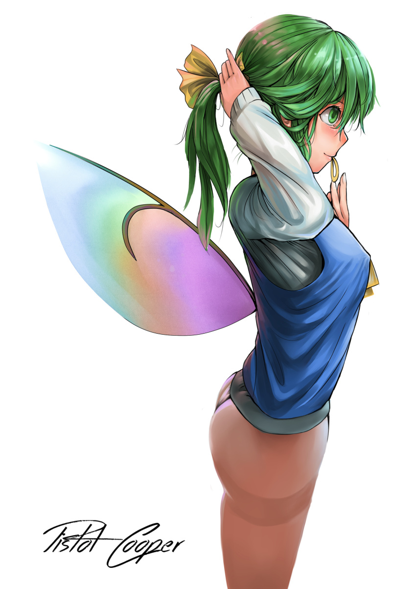 1girl arm_up ascot ass bangs blue_vest blush breasts cowboy_shot daiyousei from_side green_eyes green_hair hair_ribbon hair_tie hair_tie_in_mouth highres jiashou large_breasts long_hair long_sleeves mouth_hold pantyhose ponytail profile ribbon sheer_legwear shirt simple_background smile solo standing thighband_pantyhose thighs touhou tying_hair vest white_background white_shirt yellow_neckwear yellow_ribbon