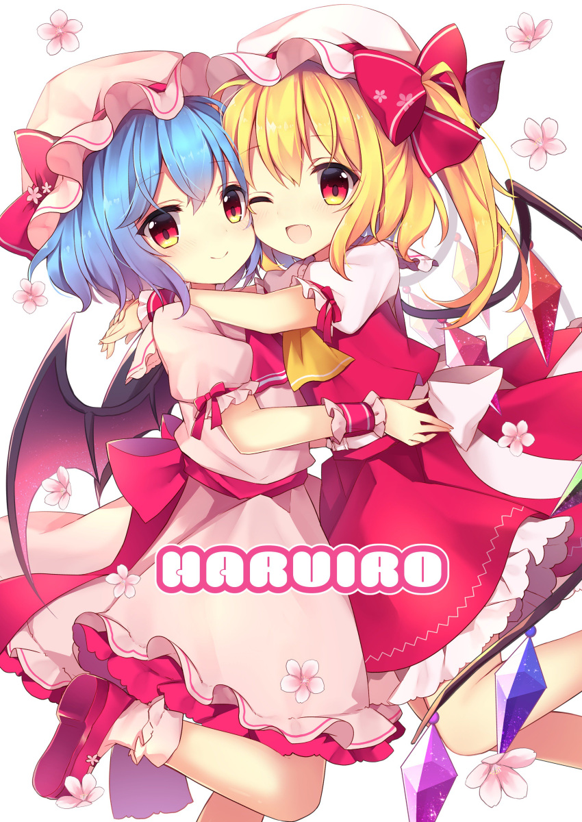 2girls ;d absurdres arm_ribbon ascot bangs bat_wings blonde_hair blue_hair blush bobby_socks bow commentary_request crystal dress eyebrows_visible_through_hair fang feet_out_of_frame flandre_scarlet flower hair_between_eyes hat hat_bow hat_ribbon highres hug leg_up long_hair looking_at_viewer mob_cap multiple_girls one_eye_closed one_side_up open_mouth petticoat pink_dress pink_flower pink_headwear pink_legwear puffy_short_sleeves puffy_sleeves red_bow red_eyes red_footwear red_neckwear red_ribbon red_skirt red_vest remilia_scarlet ribbon ruhika shirt shoes short_hair short_sleeves siblings simple_background sisters skirt smile socks touhou vest white_background white_headwear white_shirt wings wrist_cuffs yellow_neckwear