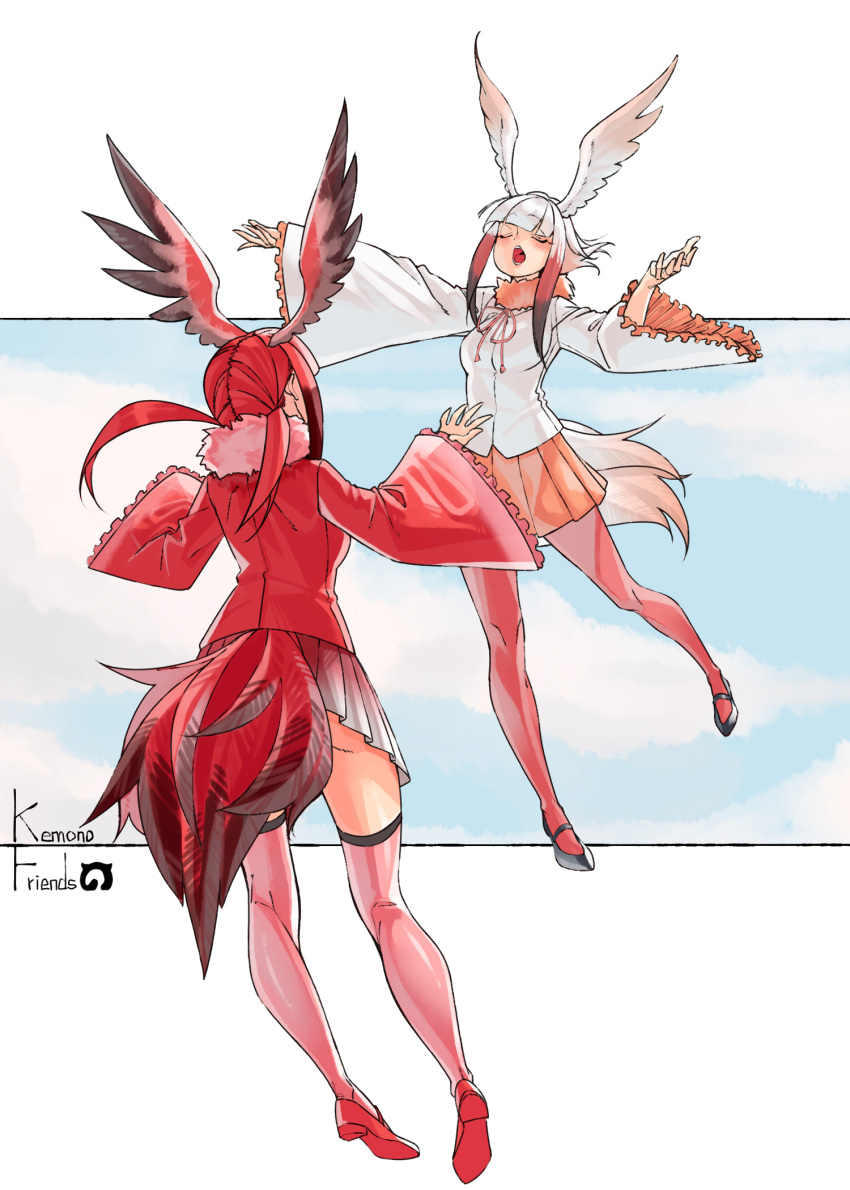 2girls bangs bird_tail black_footwear black_hair blunt_bangs blush closed_eyes commentary copyright_name english_commentary frilled_sleeves frills full_body fur_collar gradient_hair head_wings highres japanese_crested_ibis_(kemono_friends) japari_symbol kemono_friends long_sleeves mabbakmoe mary_janes multicolored_hair multiple_girls music open_mouth orange_skirt outstretched_arms pantyhose pink_legwear pleated_skirt red_footwear red_legwear red_shirt redhead scarlet_ibis_(kemono_friends) shirt shoes sidelocks simple_background singing skirt spread_arms thigh-highs white_background white_hair white_shirt wide_sleeves