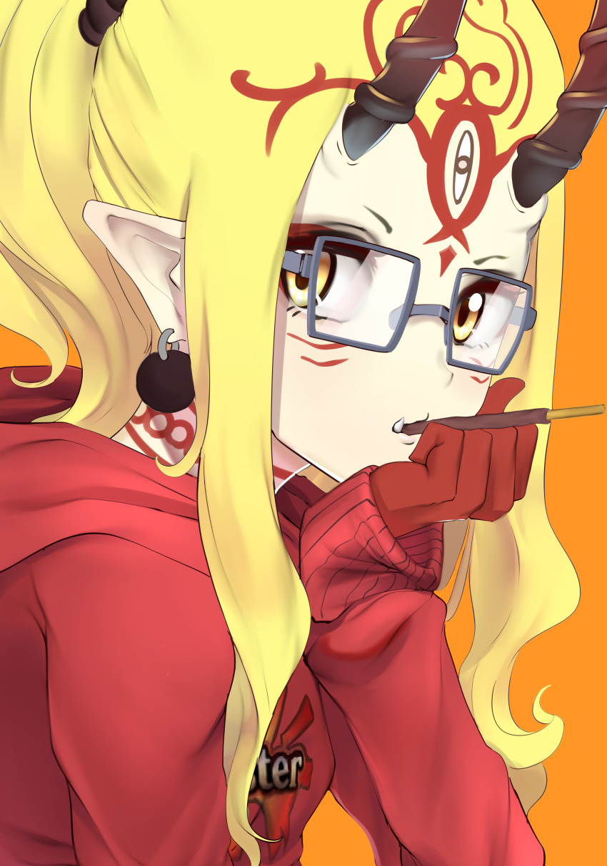 1girl absurdres alternate_costume bespectacled black-framed_eyewear blonde_hair blush casual clothes_writing commentary_request earrings facial_mark fang_out fate/grand_order fate_(series) food food_in_mouth forehead_mark from_side glasses gloves highres hood hood_down hoodie horns ibaraki_douji_(fate/grand_order) jewelry long_hair long_sleeves looking_at_viewer looking_to_the_side mouth_hold nakasaku-p orange_background pocky pointy_ears ponytail red_gloves sidelocks simple_background solo upper_body yellow_eyes