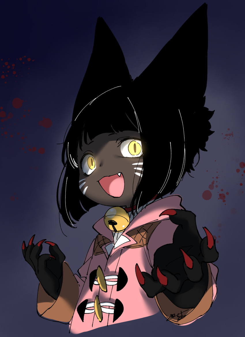 1girl animal_ears bell bell_collar black_hair black_skin claw_pose claws collar cropped_torso dark_background fang final_fantasy final_fantasy_xiv furry glowing glowing_eyes highres lalafell looking_at_viewer open_mouth sakura_chiyo_(konachi000) short_hair solo upper_body whisker_markings yellow_eyes