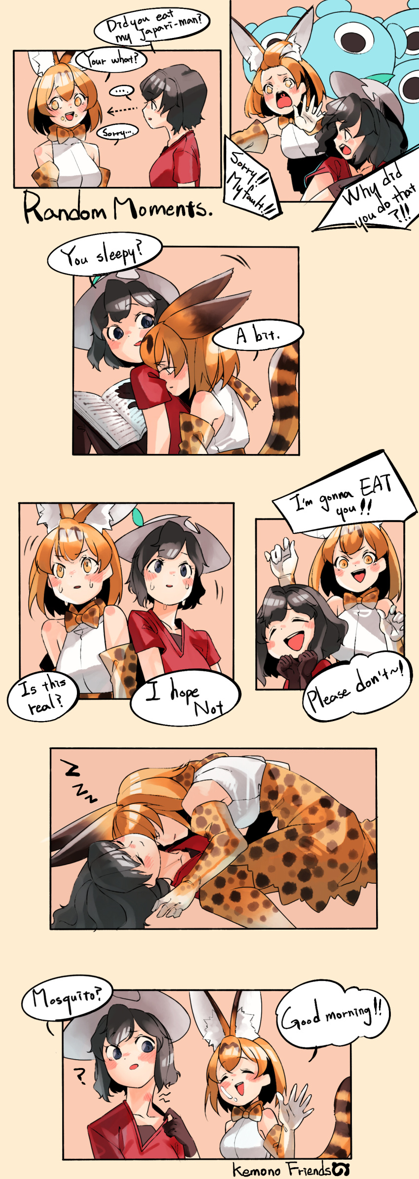 2girls :d ? ^_^ absurdres animal_ear_fluff animal_ears bare_shoulders black_eyes black_gloves black_hair black_legwear blonde_hair blush book bow bowtie cerulean_(kemono_friends) closed_eyes closed_eyes commentary copyright_name d: elbow_gloves english_commentary english_text extra_ears eyebrows_visible_through_hair food food_on_face gloves hat hat_feather hickey high-waist_skirt highres japari_symbol kaban_(kemono_friends) kemono_friends mabbakmoe multiple_girls multiple_views open_book open_mouth pantyhose print_gloves print_legwear print_neckwear print_skirt red_shirt serval_(kemono_friends) serval_ears serval_print serval_tail shirt short_hair short_sleeves simple_background skirt sleeping sleeveless sleeveless_shirt smile source_quote straddling sweat sweating_profusely tail thigh-highs wavy_eyes white_shirt yellow_eyes yuri
