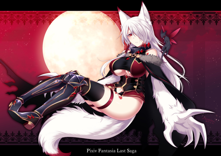 1girl animal_ears black_collar black_legwear breasts claws cleavage collar copyright_name full_body full_moon gradient gradient_background hair_over_one_eye konshin large_breasts long_hair moon neve_(pixiv_fantasia_last_saga) pixiv_fantasia pixiv_fantasia_last_saga red_eyes solo tail thigh-highs thigh_strap under_boob very_long_hair white_hair wolf_ears wolf_tail