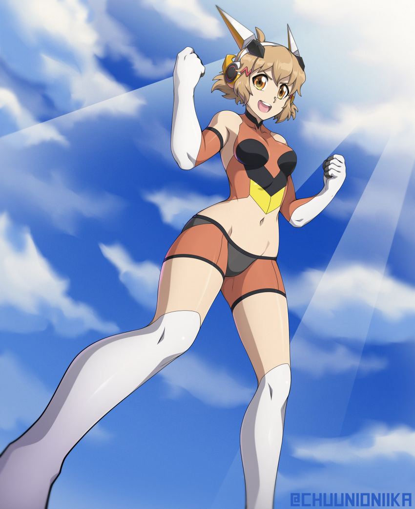 1girl :d absurdres bare_shoulders breasts brown_eyes brown_hair chuunioniika clenched_hands elbow_gloves gloves headgear highres medium_breasts midriff open_mouth orange_eyes senki_zesshou_symphogear short_hair skin_tight smile solo tachibana_hibiki_(symphogear) thigh-highs twitter_username white_legwear