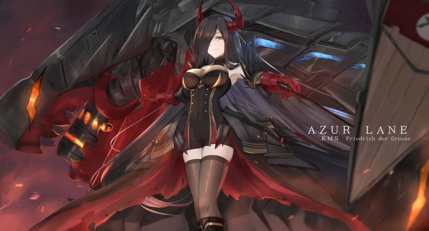 1girl armpits azur_lane bangs bare_shoulders baton_(instrument) black_hair black_legwear boots breasts brown_footwear brown_legwear cannon character_name closed_mouth eternity_(pixiv8012826) friedrich_der_grosse_(azur_lane) gloves hair_over_one_eye hands_up highres holding horns large_breasts long_hair looking_at_viewer machinery red_gloves red_horns rigging smile solo thigh-highs tsurime turret very_long_hair wind yellow_eyes