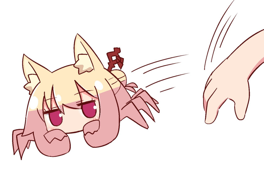 1girl animal_ear_fluff animal_ears animalization bangs blonde_hair blush crab_girl eyebrows_visible_through_hair fox_ears hair_between_eyes hair_bun hair_ornament kemomimi-chan_(naga_u) looking_at_viewer naga_u original out_of_frame red_eyes simple_background solo_focus speed_lines throwing white_background