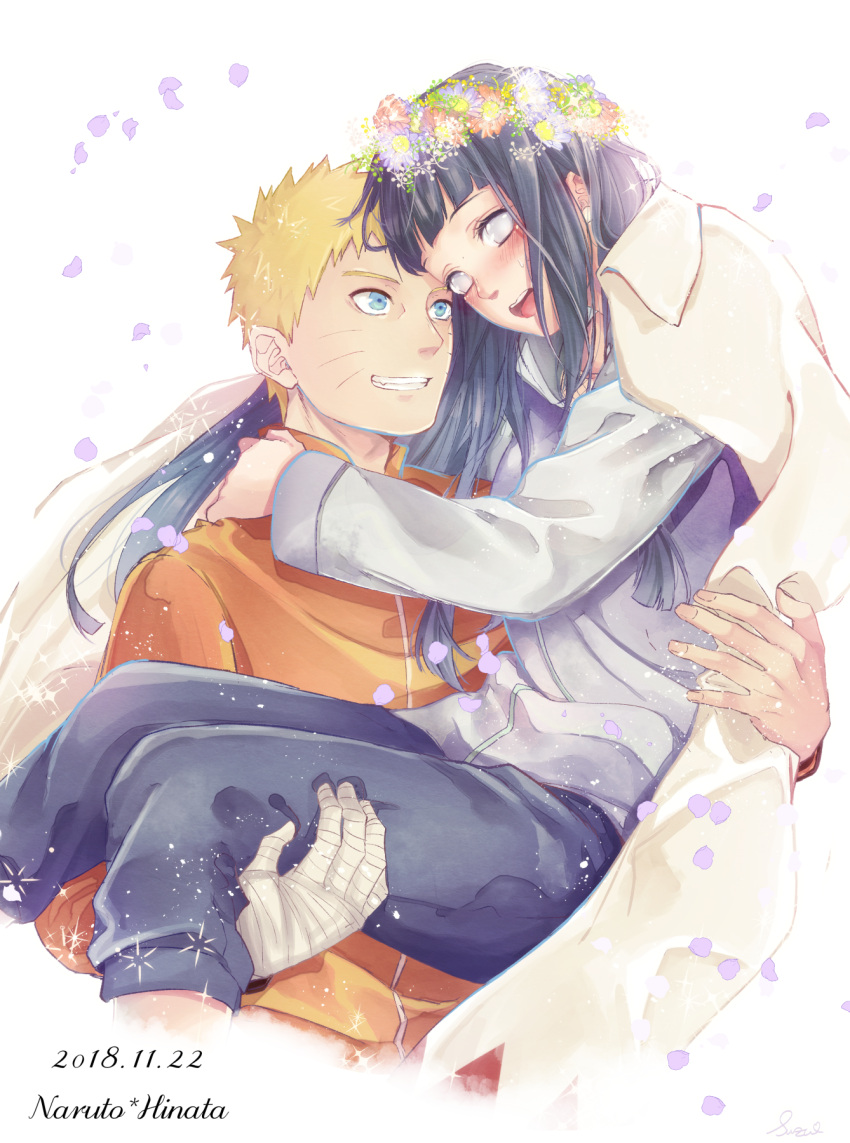 1boy 1girl :d bandaged_hand black_hair black_pants blonde_hair blue_eyes blush dated floating_hair grey_eyes grey_sweater grin highres hyuuga_hinata long_hair long_sleeves naruto_(series) naruto_shippuuden open_mouth orange_sweater pants simple_background smile suzu_(tg_390) sweater uzumaki_naruto very_long_hair white_background