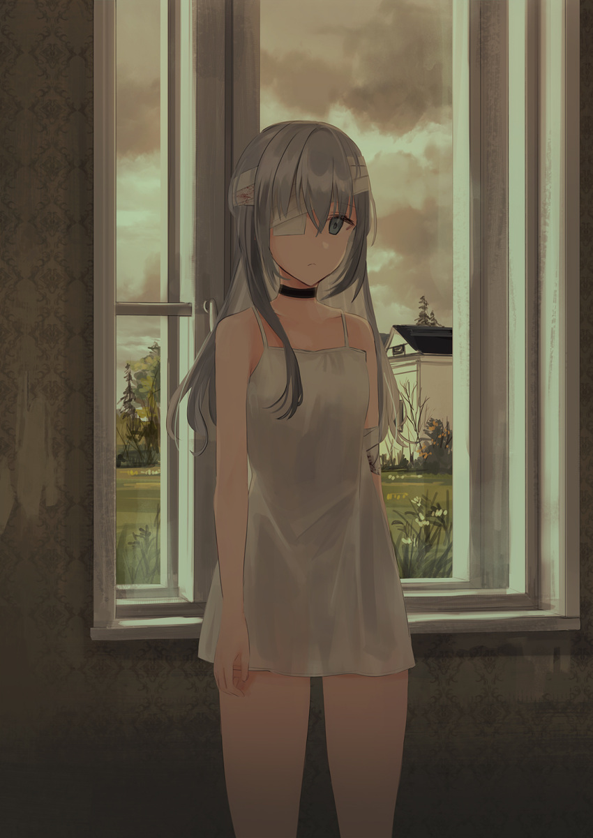 1girl arms_at_sides bandage bandage_over_one_eye bandaged_arm bandaged_head bandages bangs blood bloody_bandages breasts building chihuri closed_mouth clouds cloudy_sky dress eyebrows_visible_through_hair grey_eyes grey_hair hair_between_eyes highres indoors long_hair looking_at_viewer original overcast short_dress sky sleeveless sleeveless_dress small_breasts solo standing sundress tree white_dress window