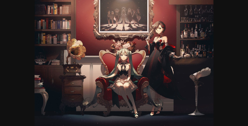 2girls artist_name bangs bare_shoulders black_dress blue_eyes blue_hair book bookshelf bottle bow bow_footwear brown_eyes brown_hair censored chair closed_mouth collarbone cup dress drinking_glass elbow_gloves flower full_body gloves hair_flower hair_ornament hairband hatsune_miku high_collar high_heels highres holding long_hair looking_at_viewer meiko multiple_girls neck_ribbon painting phonograph pleated_dress rella ribbon short_hair sitting smile standing swept_bangs thigh-highs twintails very_long_hair vest vocaloid white_dress white_gloves white_legwear wine_bottle wine_glass