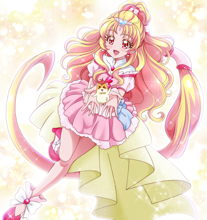 1girl :d absurdly_long_hair blonde_hair cure_tomorrow earrings eyebrows_visible_through_hair floating_hair hanzou harryham_harry highres hug-tan_(precure) hugtto!_precure jewelry leg_up long_hair miniskirt open_mouth pink_footwear pink_skirt pleated_skirt precure red_eyes shiny shiny_hair short_sleeves skirt smile solo sparkle standing standing_on_one_leg very_long_hair