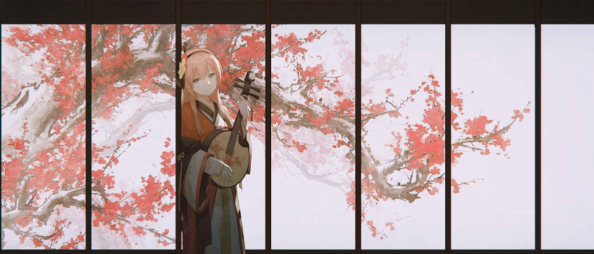 1girl absurdres blue_eyes cherry_blossoms closed_mouth eyebrows_visible_through_hair flower hair_flower hair_ornament hairband highres holding holding_instrument instrument instrument_request kieed long_hair long_sleeves looking_at_viewer lute_(instrument) megurine_luka pink_hair smile solo standing vocaloid