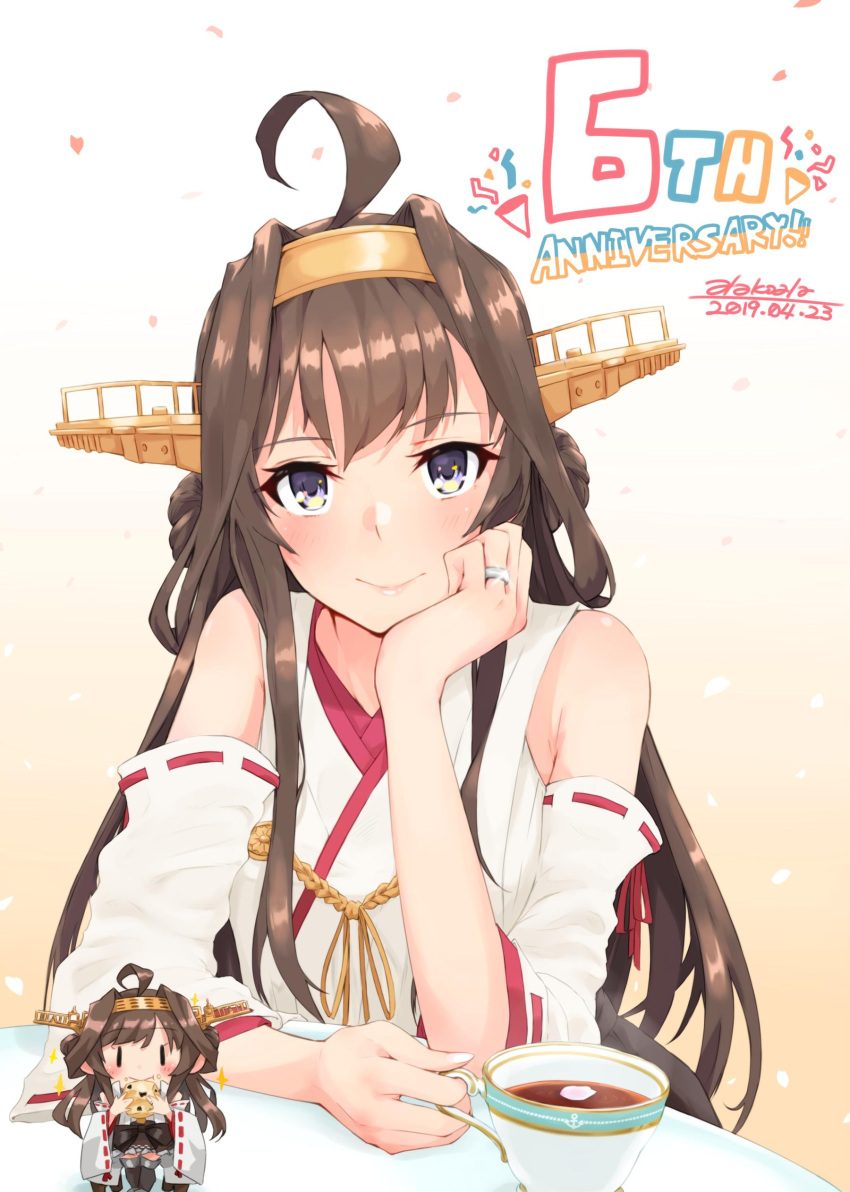 2girls absurdres ahoge alakoala_shoushou anniversary artist_name brown_hair chibi commentary_request cookie cup dated detached_sleeves double_bun dual_persona food gradient gradient_background hairband headgear highres jewelry kantai_collection kongou_(kantai_collection) long_hair looking_at_viewer minigirl multiple_girls orange_background ribbon-trimmed_sleeves ribbon_trim ring solo_focus tea teacup upper_body violet_eyes wedding_band white_background