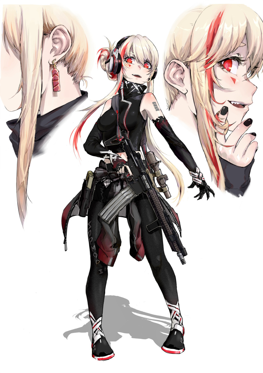 1girl absurdres alma01 arm_tattoo assault_rifle bangs black_footwear black_gloves black_nails black_pants blonde_hair boots breasts character_name clothes_around_waist clothes_writing crop_top earrings elbow_gloves eyebrows_visible_through_hair facial_mark folded_ponytail full_body girls_frontline glint gloves gun hair_between_eyes hair_twirling head_tilt headgear headphones highres holding holding_gun holding_weapon jacket jacket_around_waist jewelry long_hair looking_at_viewer m4_sopmod_ii m4_sopmod_ii_(girls_frontline) magazine_(weapon) multicolored_hair multiple_views nail_polish open_mouth pants pouch red_eyes redhead rifle sharp_teeth sidelocks simple_background sleeveless_crop_top smile streaked_hair tattoo teeth trigger_discipline turtleneck weapon white_background zipper