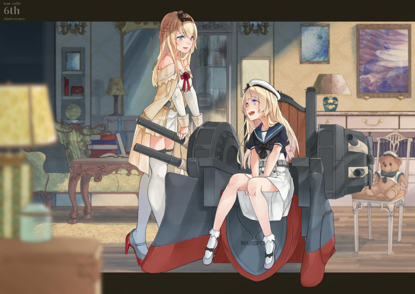 2girls beret blonde_hair blue_eyes blue_sailor_collar braid chair chest_of_drawers commentary_request corset crown dress flower french_braid garter_straps gloves hair_between_eyes hairband hat high_heels highres jervis_(kantai_collection) jewelry kantai_collection lamp long_hair long_sleeves machinery mary_janes mini_crown multiple_girls necklace off-shoulder_dress off_shoulder open_mouth pekoni_(peconi) picture_frame red_flower red_ribbon red_rose ribbon rose rudder_footwear sailor_collar sailor_dress sailor_hat shoes short_sleeves stuffed_animal stuffed_toy table teddy_bear thigh-highs throne turret warspite_(kantai_collection) white_dress white_gloves white_headwear white_legwear wooden_floor