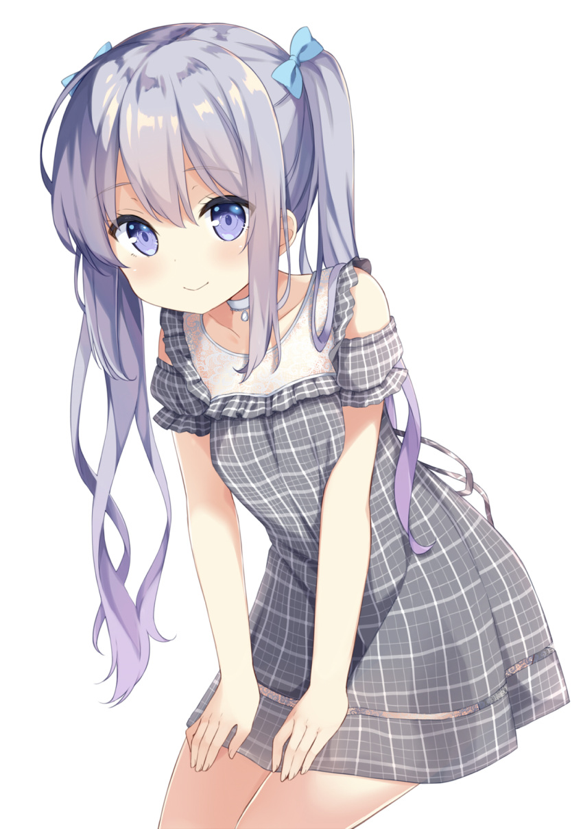 1girl bangs blue_bow blush bow breasts choker closed_mouth collarbone commentary_request dress eyebrows_visible_through_hair fingernails gradient_hair grey_dress grey_hair hair_between_eyes hair_bow hands_on_own_thighs highres leaning_forward long_hair mimura_zaja multicolored_hair original plaid plaid_dress puffy_short_sleeves puffy_sleeves purple_hair see-through short_sleeves sidelocks simple_background small_breasts smile solo twintails very_long_hair violet_eyes white_background white_choker