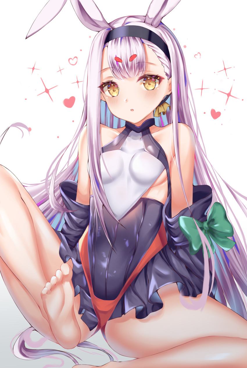 1girl :o absurdres animal_ears ass azur_lane bangs bare_shoulders barefoot black_dress black_jacket blush breasts collarbone dress feet hairband heart highleg highres jacket knee_up long_hair looking_at_viewer lotpi off_shoulder parted_lips rabbit_ears shimakaze_(azur_lane) silver_hair sitting small_breasts solo sparkle thighs very_long_hair white_background yellow_eyes