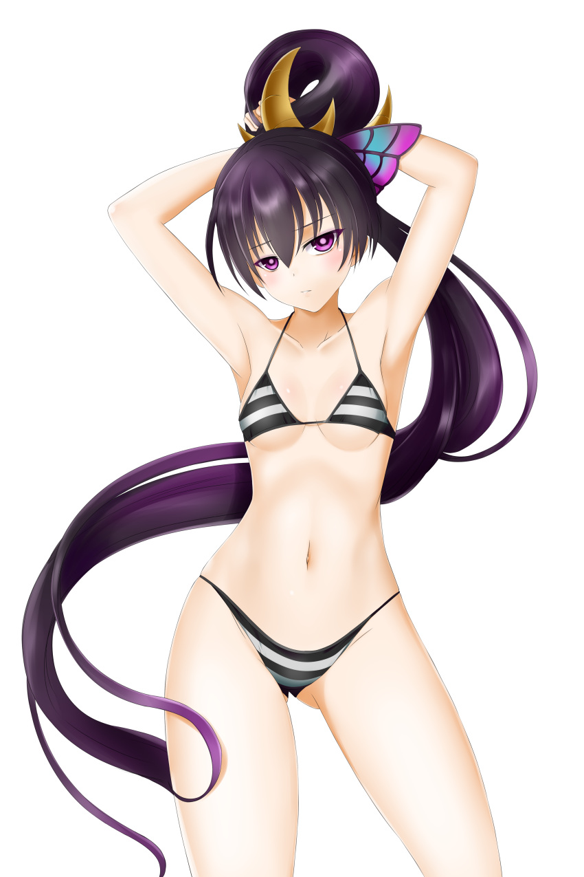 1girl absurdres alfred_cullado armpits arms_up ass_visible_through_thighs bikini black_hair brave_frontier breasts cleavage collarbone cowboy_shot floating_hair hair_between_eyes hair_ornament high_ponytail highres long_hair looking_at_viewer multicolored_hair navel paid_reward patreon_reward ponytail purple_hair shiny shiny_hair sideboob small_breasts solo standing striped striped_bikini swimsuit transparent_background two-tone_hair under_boob very_long_hair violet_eyes