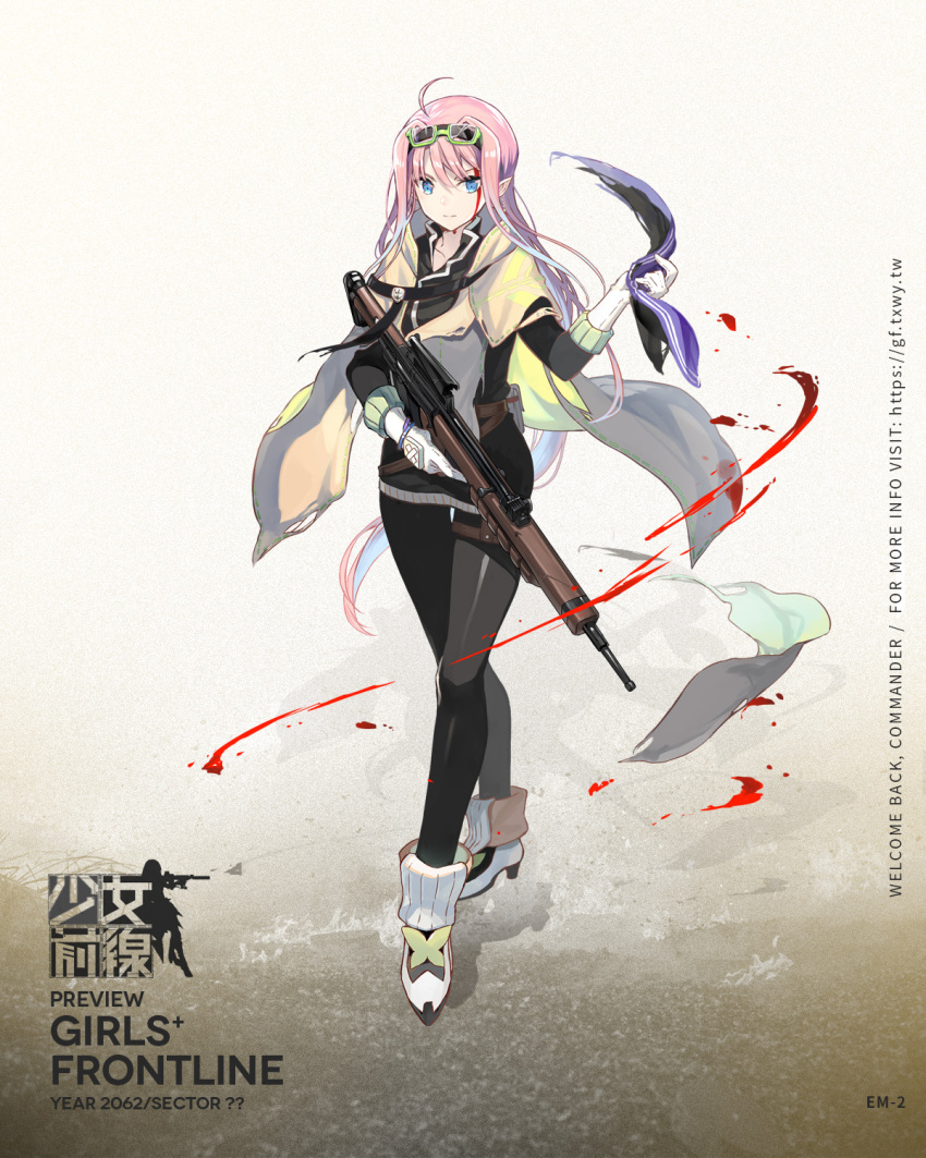 1girl ahoge bag bangs belt black_coat black_jacket black_pants black_ribbon blood blood_on_face blue_eyes blue_hair blush boots bullpup character_name cloak damaged em-2 em-2_(girls_frontline) eyewear_on_head floaitng_hair full_body girls_frontline glasses gloves green-framed_eyewear gun hair_ribbon hairband hand_up highres holding holding_gun holding_ribbon holding_weapon hood hood_down hooded_cloak jacket long_hair looking_at_viewer multicolored_hair official_art pants pink_hair plaid plaid_scarf pointy_ears pouch purple_ribbon ribbon ribbon_removed rifle scarf semi-rimless_eyewear sidelocks sniper_rifle solo standing torn_clothes trigger_discipline very_long_hair weapon white_gloves wind