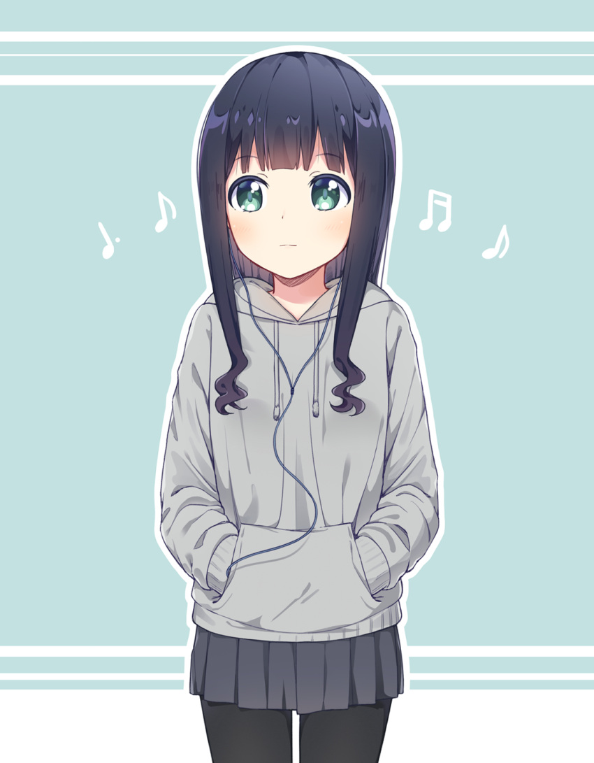 1girl black_hair black_legwear black_skirt blush closed_mouth commentary_request cowboy_shot dot_nose eyebrows_visible_through_hair flat_chest grey_sweater headphones highres long_hair looking_to_the_side musical_note musical_note_print noven original pantyhose skirt solo sweater