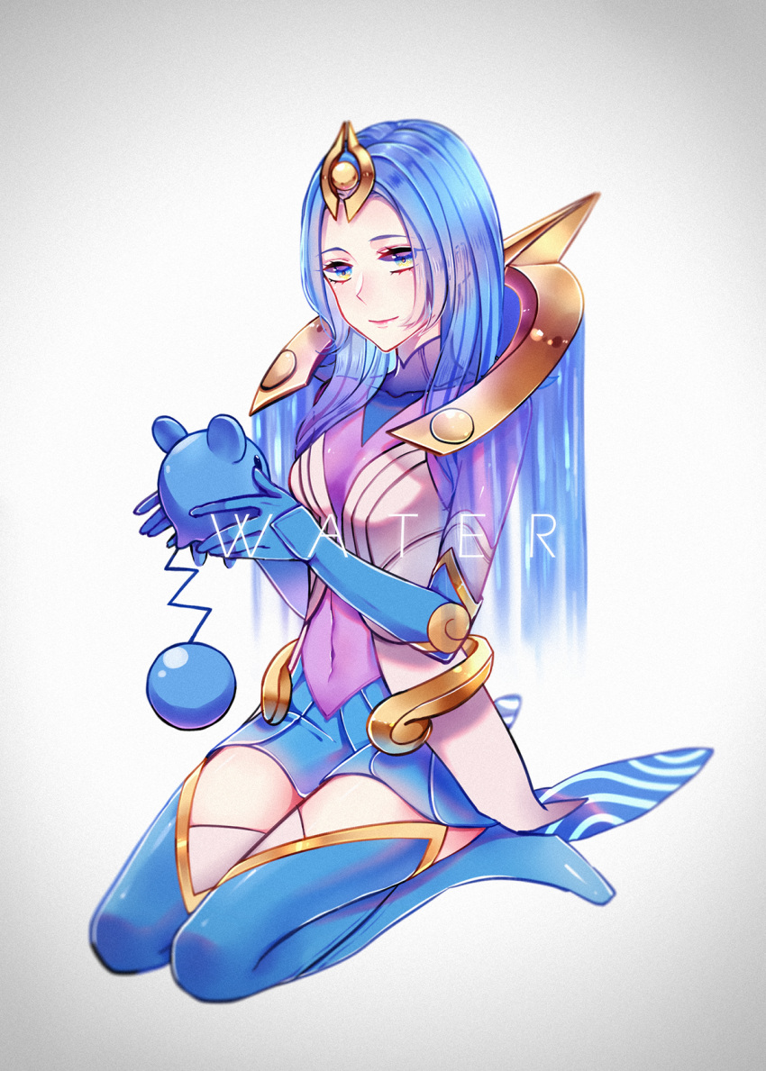 1girl azurill blue_eyes blue_hair boots breasts covered_navel creatures_(company) elementalist_lux game_freak gen_3_pokemon highres holding league_of_legends luxanna_crownguard medium_breasts nintendo pokemon seiza sitting smile tagme text_focus thigh-highs thigh_boots water_elementalist_lux yuu_ko