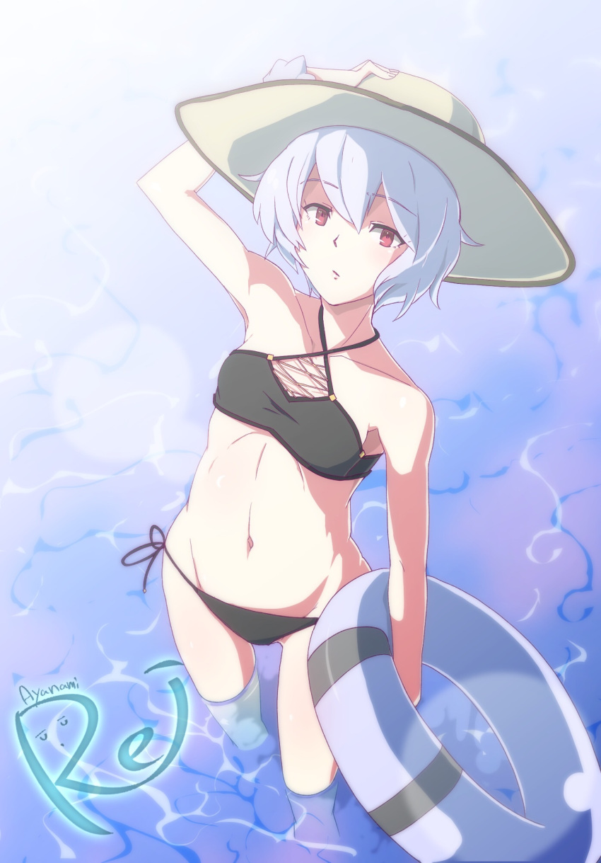 1girl arm_up ayanami_rei bikini black_bikini character_name collarbone criss-cross_halter eyebrows_visible_through_hair from_above groin hair_between_eyes halterneck hand_on_headwear hat highres holding innertube konbari_tariumu lens_flare looking_at_viewer looking_up navel neon_genesis_evangelion red_eyes short_hair side-tie_bikini silver_hair solo standing sun_hat swimsuit wading white_headwear