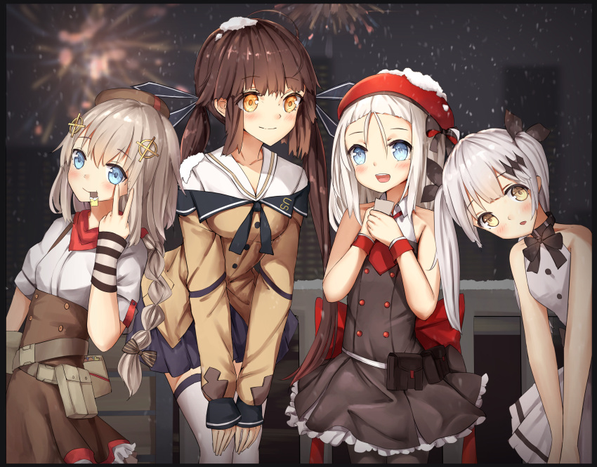 4girls absurdres ahoge bare_shoulders bkyuuc black_bow black_dress blue_eyes blush bow breasts collarbone commentary_request dress eyebrows_visible_through_hair fireworks five-seven_(girls_frontline) fn_fnc_(girls_frontline) girls_frontline grey_hair hair_ornament hat highres long_hair long_sleeves looking_at_viewer m14_(girls_frontline) medium_breasts mp5_(girls_frontline) multiple_girls red_headwear small_breasts smile snow twintails upper_teeth white_dress white_hair yellow_eyes