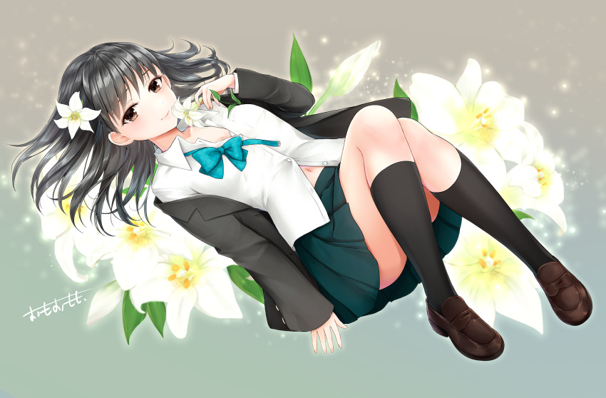 1girl aqua_neckwear black_hair black_jacket black_legwear black_skirt blazer bow bowtie breasts brown_eyes brown_footwear buttons cleavage collared_shirt commentary_request flower full_body hair_flower hair_ornament hand_up highres holding holding_flower jacket kneehighs knees_up lily_(flower) loafers long_hair long_sleeves looking_at_viewer miniskirt navel off_shoulder omoomomo open_clothes open_jacket original partially_unbuttoned pleated_skirt school_uniform shirt shoes signature skirt small_breasts smile solo thighs white_flower white_shirt wing_collar