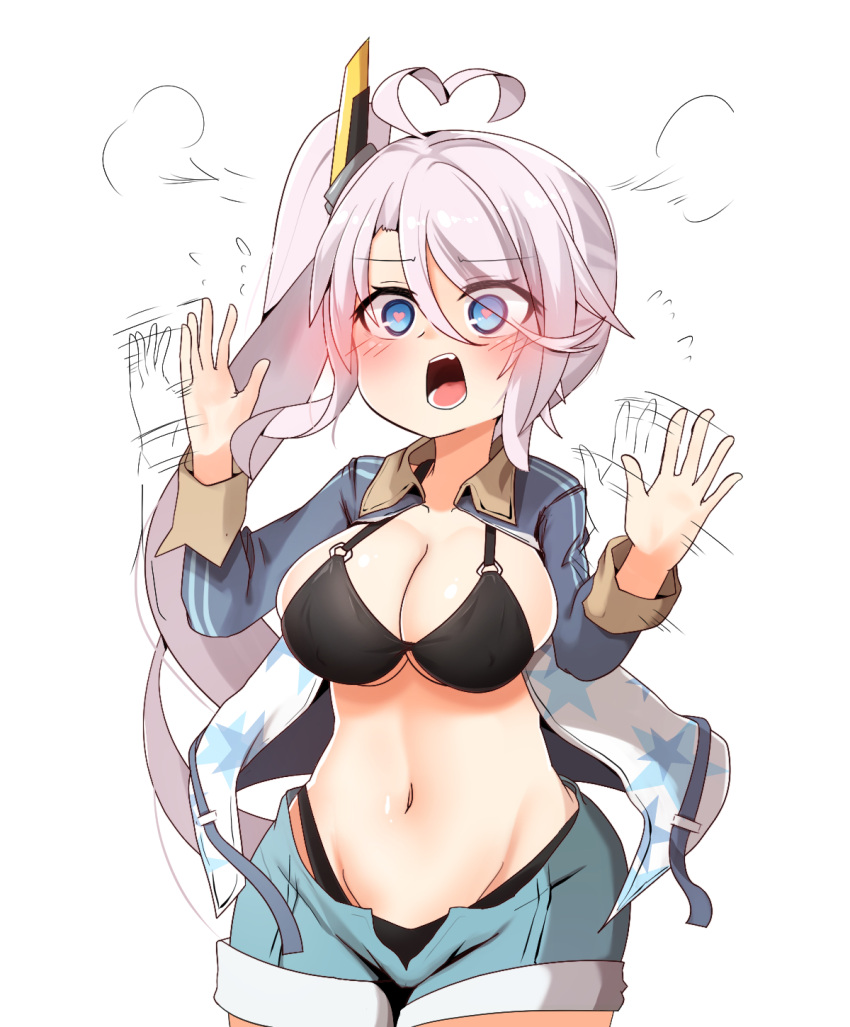 1girl afterimage ahoge akakiryu2m azur_lane bangs bikini bikini_under_clothes black_bikini blue_eyes blue_jacket blue_shorts blush breasts collarbone denim denim_shorts double_vertical_stripe embarrassed eyebrows_visible_through_hair eyes_visible_through_hair fang groin hair_between_eyes hands_up headgear heart heart-shaped_pupils heart_ahoge highleg highleg_bikini highres jacket large_breasts long_hair long_sleeves motion_lines navel nervous o-ring o-ring_top open_clothes open_jacket open_mouth portland_(azur_lane) purple_hair remodel_(azur_lane) round_teeth short_shorts shorts side_ponytail sideboob sidelocks simple_background star star_print swimsuit symbol-shaped_pupils teeth tongue two-tone_jacket under_boob unzipped very_long_hair white_background white_jacket wide_hips