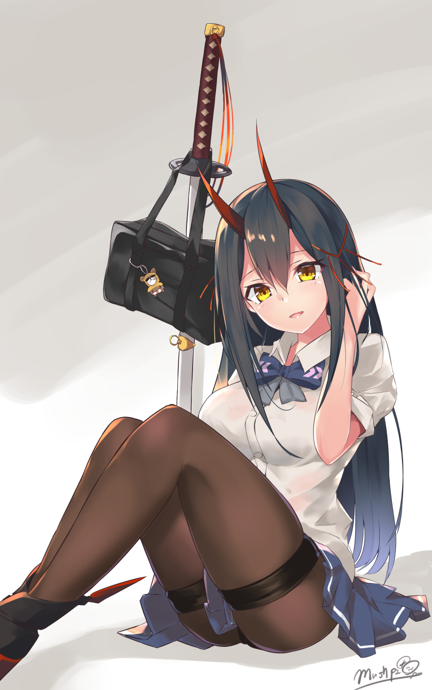 1girl absurdres azur_lane bag black_hair blue_skirt blush bow bowtie breasts hair_between_eyes hair_ornament hand_in_hair highres horns k-doku katana large_breasts long_hair looking_at_viewer oni_horns open_mouth pantyhose pleated_skirt ribbon rudder_footwear school_bag school_uniform shirt sitting skirt solo suzuya_(azur_lane) sword thigh_strap weapon white_shirt yellow_eyes