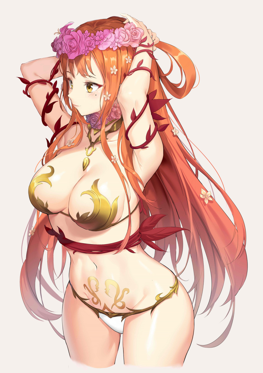1girl armpits arms_behind_head arms_up bare_shoulders breasts brown_eyes character_request cleavage closed_mouth collarbone cropped_legs flower groin head_wreath highres large_breasts long_hair looking_away mole mole_under_eye navel orange_hair panties pdxen pink_flower plant smile solo stomach thighs tower_of_saviors underwear very_long_hair vines white_panties