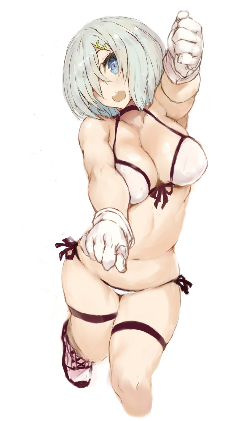 1girl absurdres bikini blue_eyes breasts cleavage cowboy_shot curvy foreshortening gloves goekawa hair_ornament hair_over_one_eye hairclip hamakaze_(kantai_collection) highres kantai_collection large_breasts navel open_mouth round_teeth short_hair side-tie_bikini silver_hair simple_background solo standing standing_on_one_leg swimsuit teeth upper_teeth white_background white_bikini white_gloves