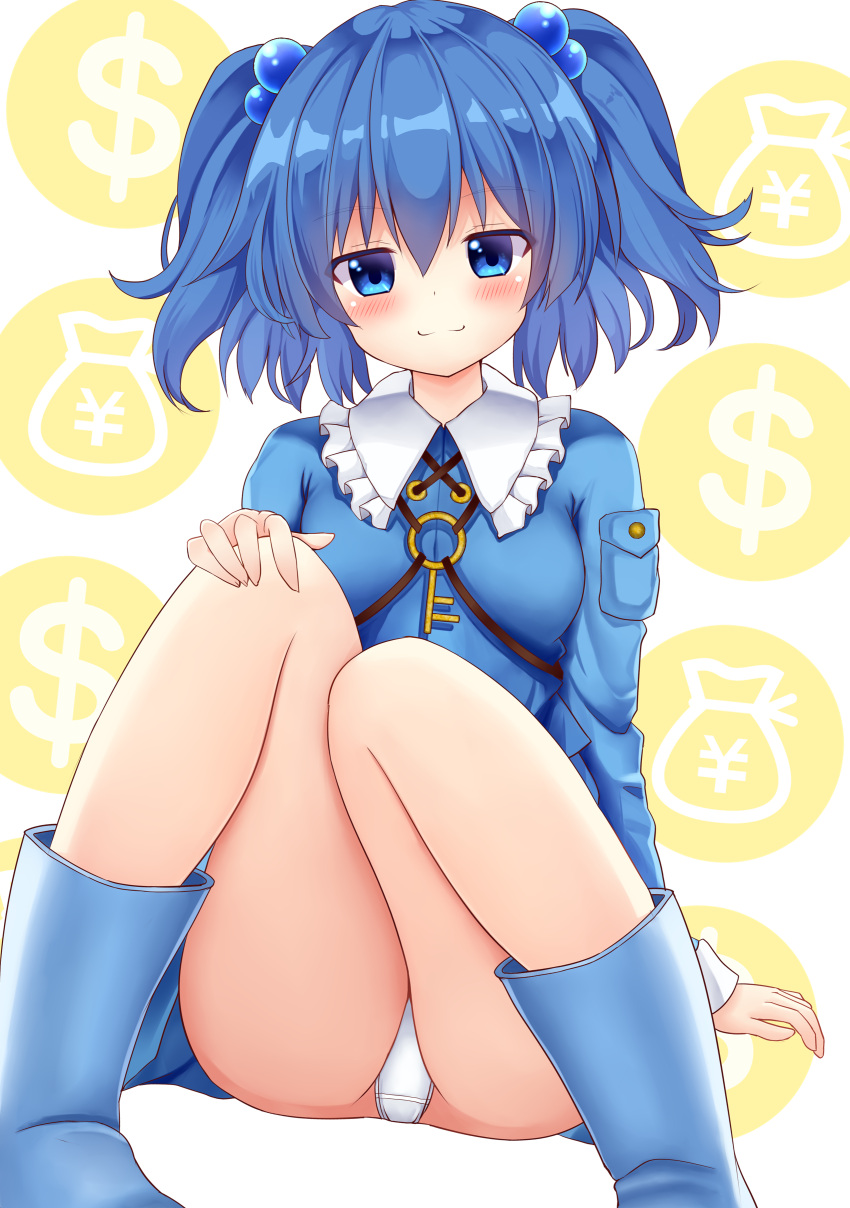1girl :3 absurdres ass bangs blue_eyes blue_footwear blue_hair blue_shirt boots breasts commentary_request dollar_sign eyebrows_visible_through_hair feet_out_of_frame frilled_shirt_collar frills hair_between_eyes hair_bobbles hair_ornament highres kawashiro_nitori key knees_up long_sleeves looking_at_viewer no_hat no_headwear panties pantyshot pantyshot_(sitting) pocket shirt short_hair sitting small_breasts smile solo suigetsu_(watermoon-910) thighs touhou two_side_up underwear white_background white_panties yen_sign