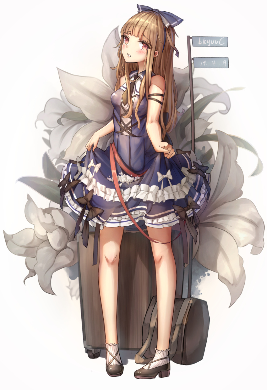 1girl artist_name bag bare_legs bare_shoulders bkyuuc black_bow black_footwear black_ribbon blonde_hair blue_bow blue_dress blush bow breasts brown_eyes commentary_request dated dress eyebrows_visible_through_hair flower full_body hair_bow highres lolita_fashion long_hair looking_at_viewer original ribbon shoes small_breasts solo white_bow white_flower