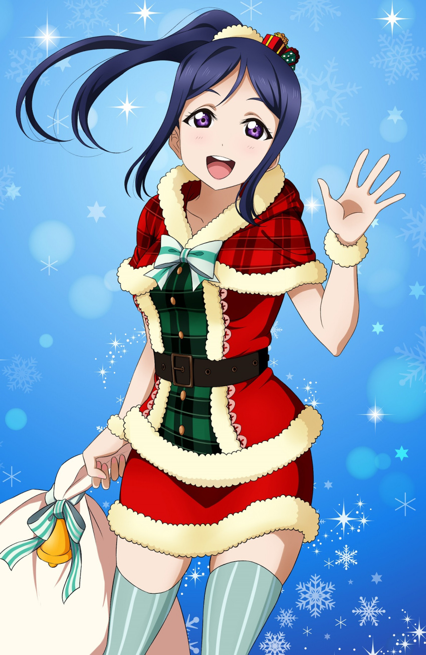 1girl :d bag belt blue_background blue_hair capelet cowboy_shot floating_hair fur-trimmed_capelet fur-trimmed_skirt fur_trim gift_bag grey_legwear highres holding holding_bag lens_flare long_hair looking_at_viewer love_live! love_live!_sunshine!! matsuura_kanan mell_ast miniskirt open_mouth pencil_skirt plaid_capelet ponytail red_capelet red_skirt santa_costume skirt smile snowflakes solo standing striped striped_legwear striped_neckwear thigh-highs vertical-striped_legwear vertical_stripes violet_eyes zettai_ryouiki