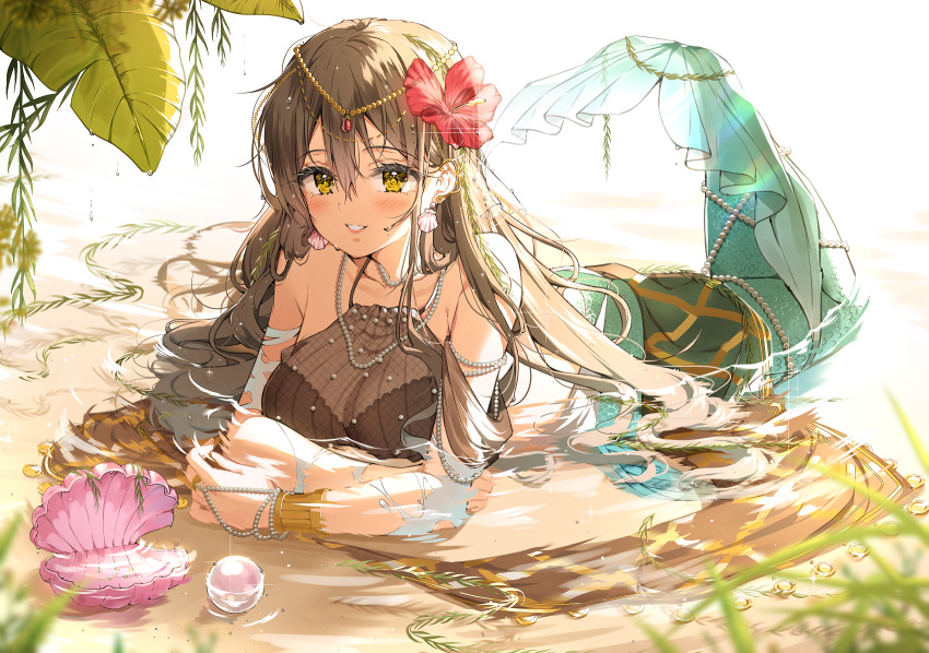 1girl armlet backlighting bangs bare_shoulders blush bracer breasts bridal_gauntlets brown_hair circlet clam_shell collarbone crop_top eyebrows_visible_through_hair fantasy flower glint gold h_shai hair_between_eyes hair_flower hair_ornament head_fins hibiscus highres jewelry large_breasts long_hair looking_at_viewer lying mermaid monster_girl necklace on_stomach original parted_lips partially_submerged pearl_(gemstone) pearl_necklace shell_earrings sidelocks smile solo very_long_hair yellow_eyes