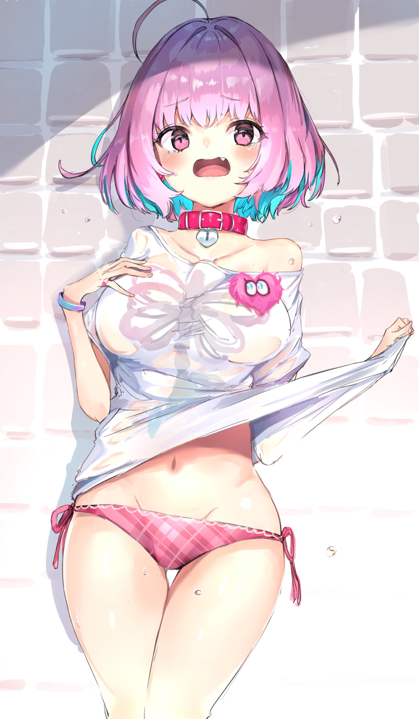1girl absurdres bad_hands bangs bare_shoulders blue_hair blush breasts brick_wall collar collarbone commentary_request eyebrows_visible_through_hair fang fingernails groin hands_up heart heart_collar highres idolmaster idolmaster_cinderella_girls keyhole large_breasts lifted_by_self looking_at_viewer multicolored_hair navel off_shoulder open_mouth panties pink_hair plaid plaid_panties print_shirt ranf red_collar red_eyes red_panties shirt shirt_lift side-tie_panties skeleton_print solo sweat t-shirt tears thigh_gap two-tone_hair underwear white_shirt yumemi_riamu